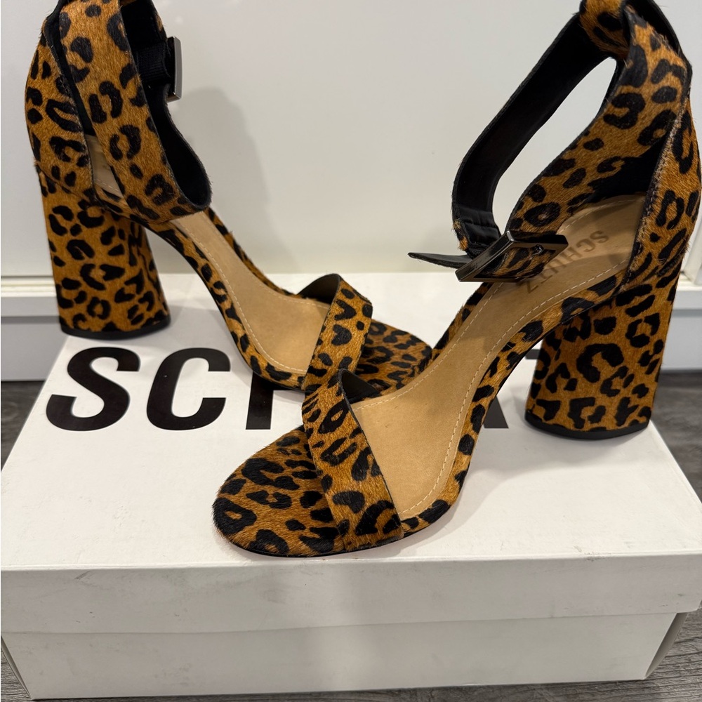 Schutz Leopard Print Block Heel Sandals